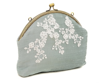Handmade Raw Silk Clutch: Lace Overlay Evening Purse, Antique Brass Frame