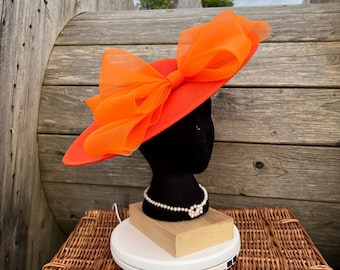 Handmade Bright Orange Sinamay Fascinator: Crinoline Bow Hat T&C001-00011