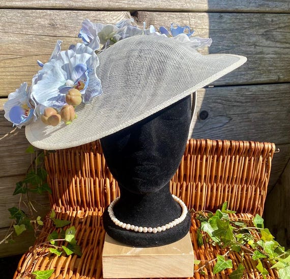 Handmade Ivory Sinamay Fascinator: Light Blue Orchid Flower  display picture 3
