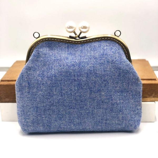 The York British Tweed Clutch Bag. Handmade Bespoke Evening Purse. Handbag with Antique Brass frame with floral lining made in the UK.