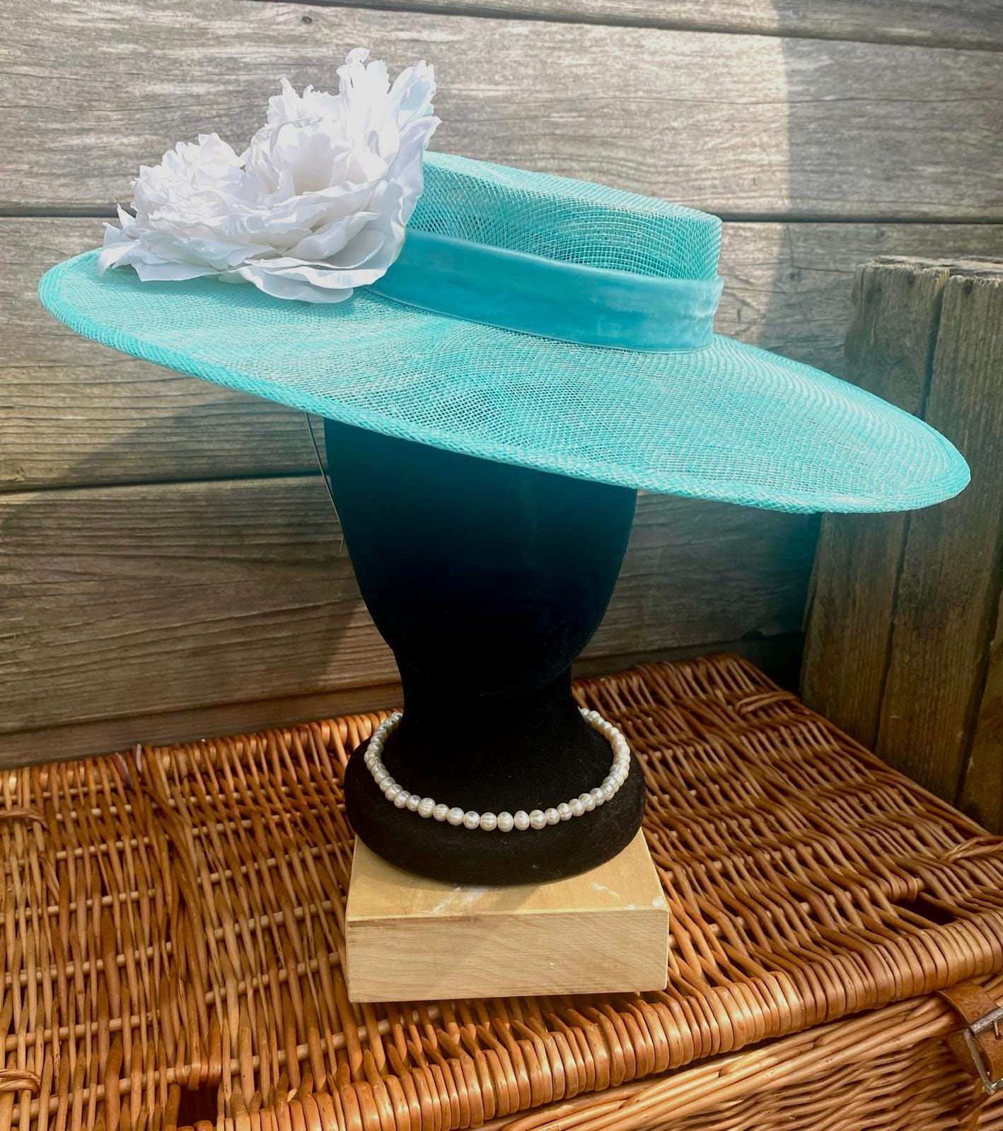 Aqua Sinamay Boater Hat Fascinator: Peony Flower, Velvet  display picture 1