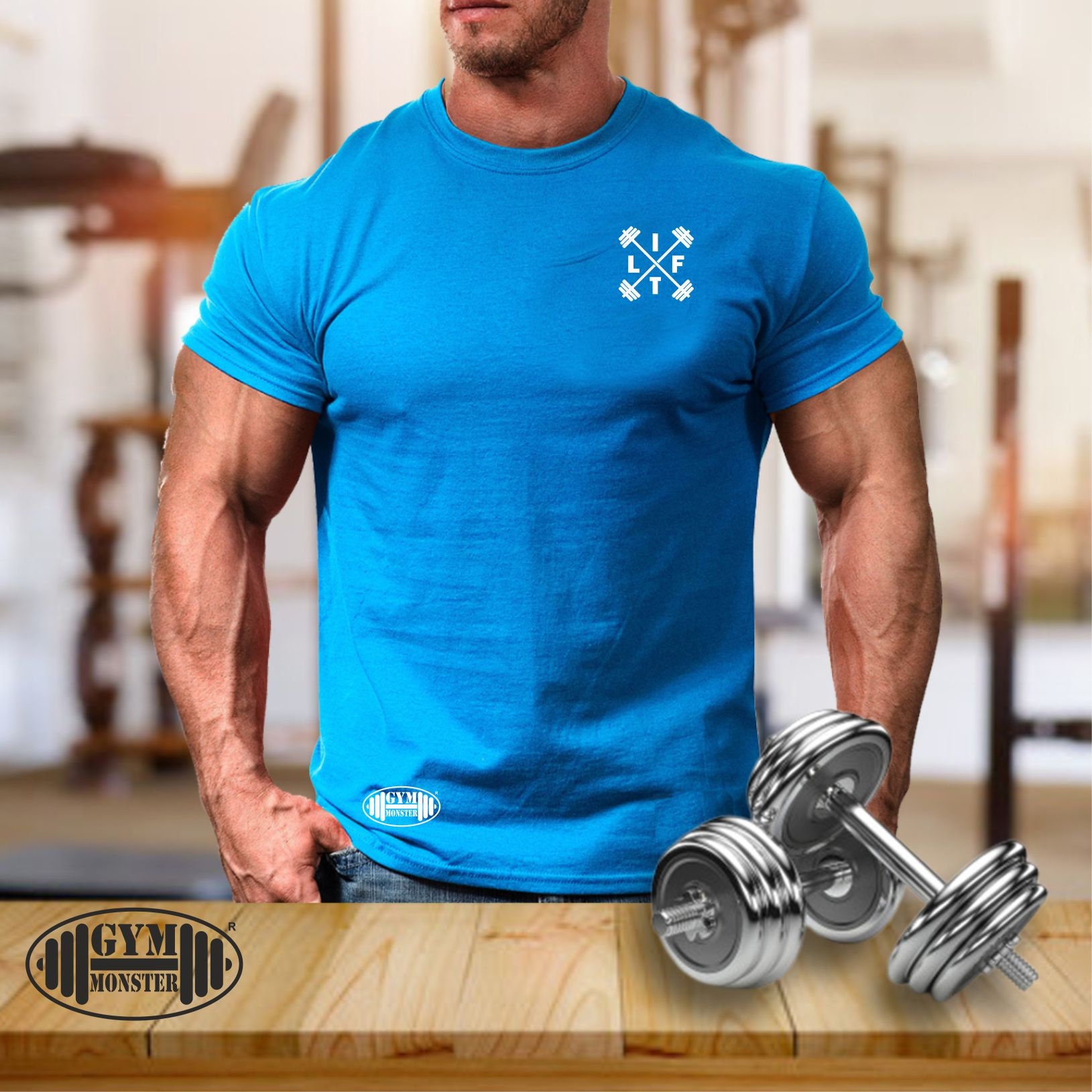 Camiseta Gimnasio Hombre Gymtier Train Hardcore - Ajuste Ceñido, Diseño Gráfico, Color Azul Real