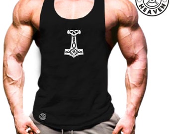 Mjolnir Vest Gym Clothing Bodybuilding Weight Training Workout Exercise Boxing MMA Vikings Odin Thor Hammer Iron Heaven Gymwear Men Tank Top