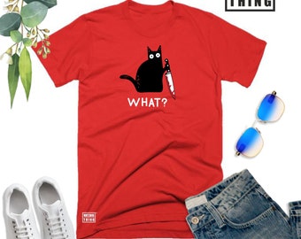 Killer Cat T Shirt Threatening Knife Blood Witch Trick or Treat Scary Funny Joke Halloween Christmas Xmas Fans Gift Kids Children Tee Top