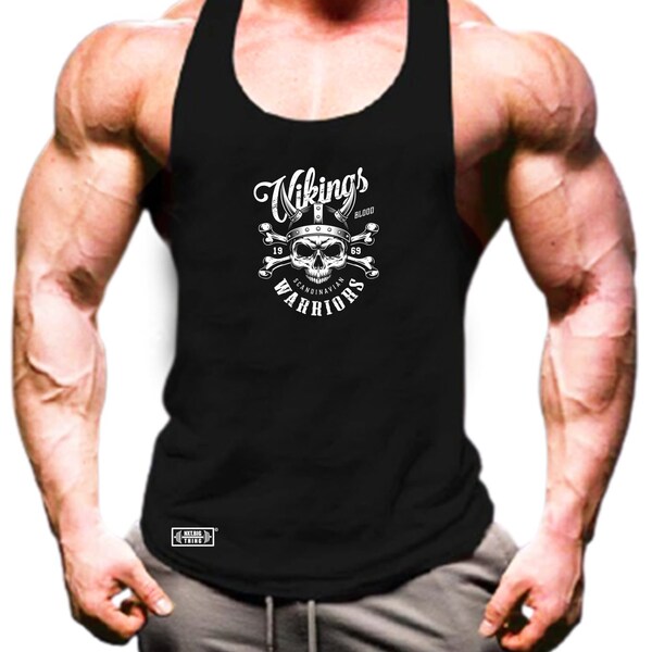 Vikings Warriors Vest Gym Clothing Bodybuilding Training Workout Exercise Boxing MMA Bones and Skull Odin Victory or Valhalla Men Tank Top