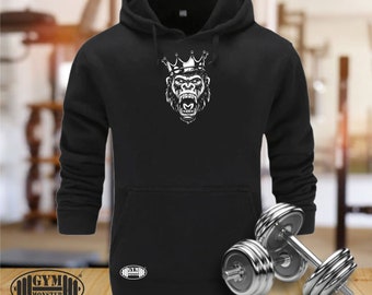 King Gorilla Hoodie Gym Clothing Bodybuilding Training Workout Exercise Fitness Weight Lifting Boxing Martial Arts MMA Gorilla Roar Men Top