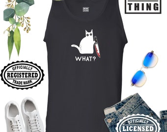 Killer Cat Vest Threatening Knife Blood Witch Trick or Treat Scary Funny Joke Halloween Christmas Xmas Fans Gift Men Tank Top