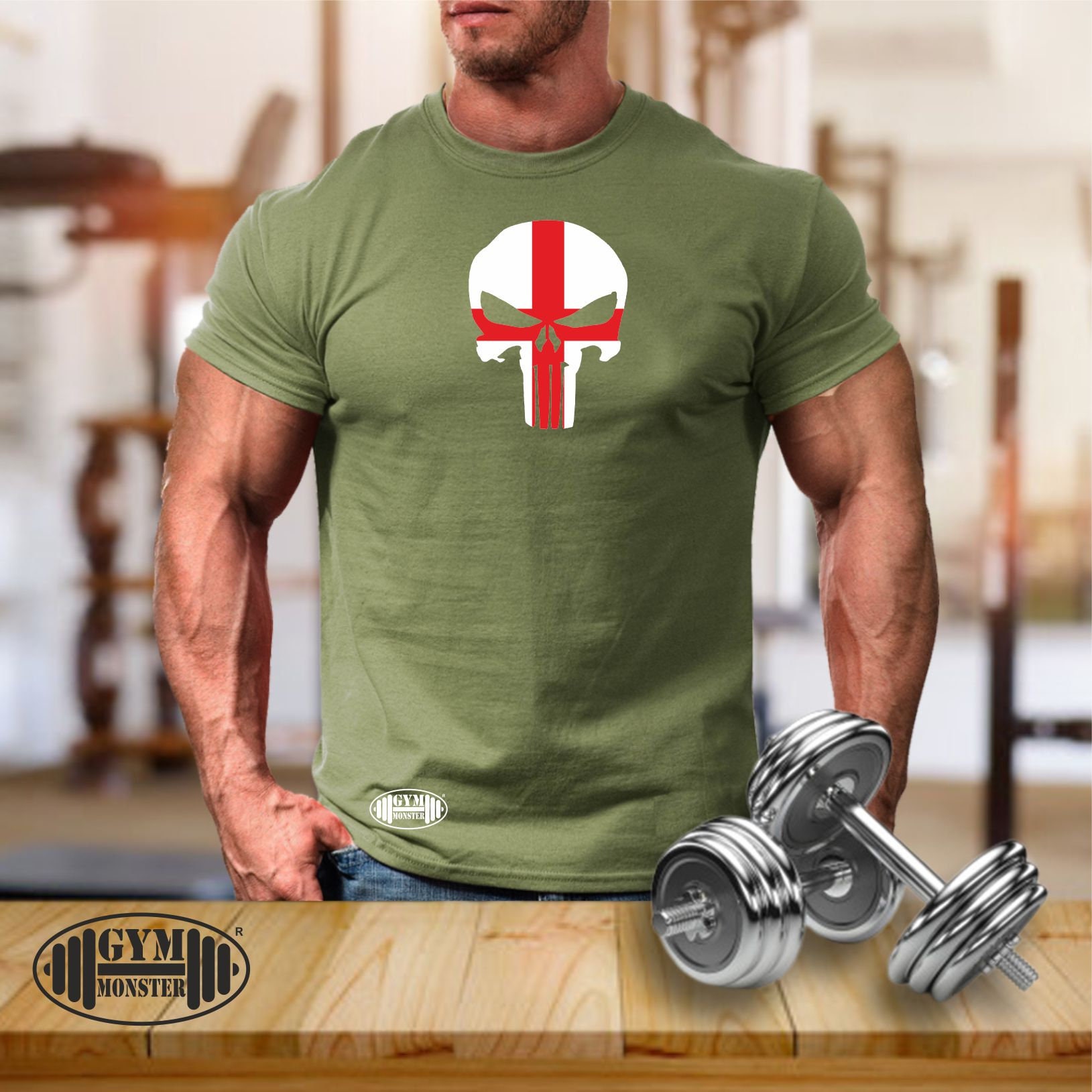 T-Shirt Gym Monster Inghilterra Teschio | 100% Cotone &ndash; Palestra E MMA &ndash; 9 Colori
