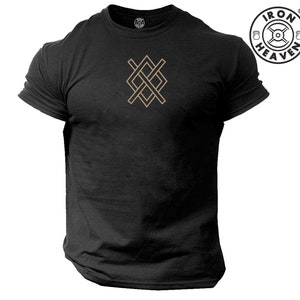 May include: Black t-shirt with a brown geometric design on the front. The design is a square with four lines intersecting in the centre. The shirt has short sleeves and a crew neck.