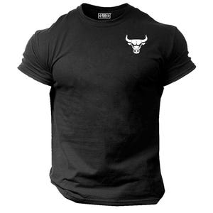 May include: Black short-sleeved t-shirt with a white bull logo on the chest. The logo is a stylized bull head with horns.