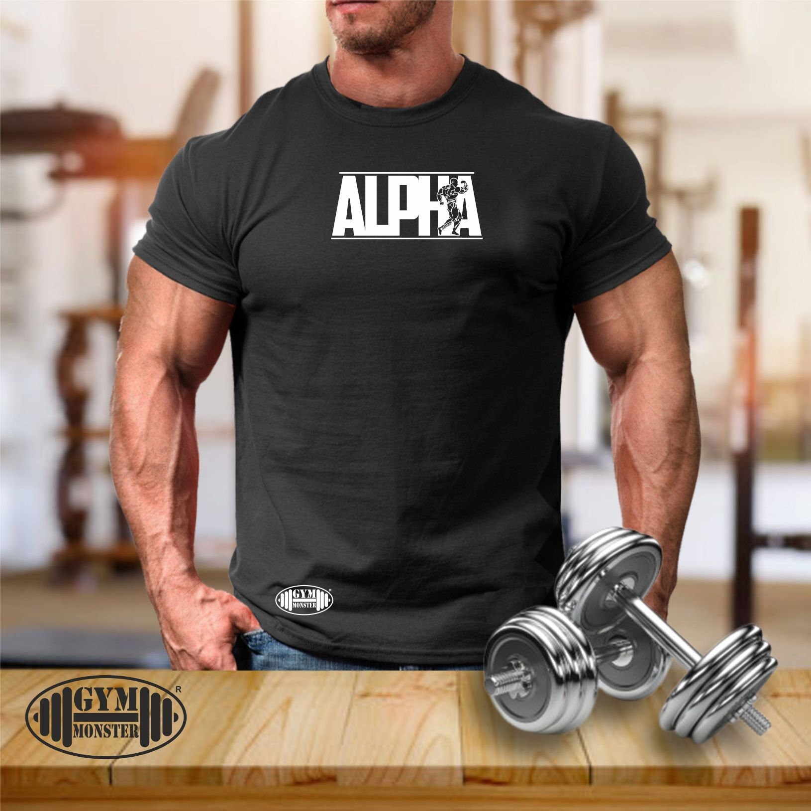 TheGymMonsterTGM Alpha T Shirt Gym Monster Clothing Bodybuilding Training Workout Exercise Fitness Kick Boxing Muscles Martial Arts Karate MMA Tee Top