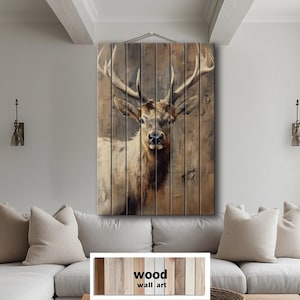 Elk Portrait Distressed Wood Wall Art, Vertical Rustic Lodge Deer Painting Print On Real Wood, Cabin Wildlife Decor