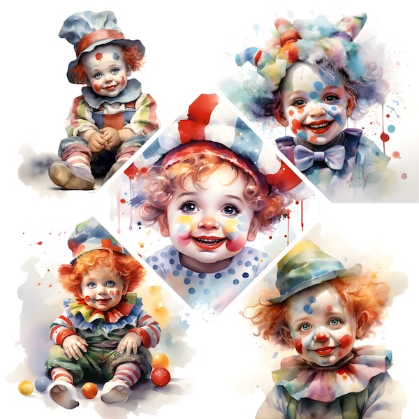 Arlequin mignon bébé Clown aquarelle Clipart, cirque Halloween Clown, mise au rebut de livre, haute qualité JPG, utilisation commerciale, téléchargement numérique,