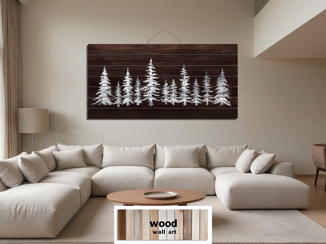 Minimalist Pine Trees Distressed Wood Wall Art – Rustic White Tree ...