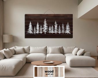 Minimalist Pine Trees Distressed Wood Wall Art – Rustic White Tree Silhouette Print For Cabin, Lodge, Or Farmhouse Decor