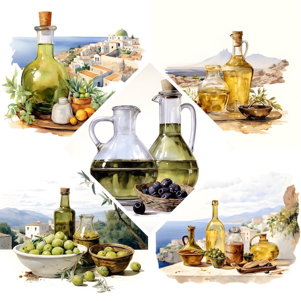 Greece Olive Oil Watercolor Clipart, Santorini Landscape, Book Scrapping High QualityJPG's, Commercial Use, Digital Download