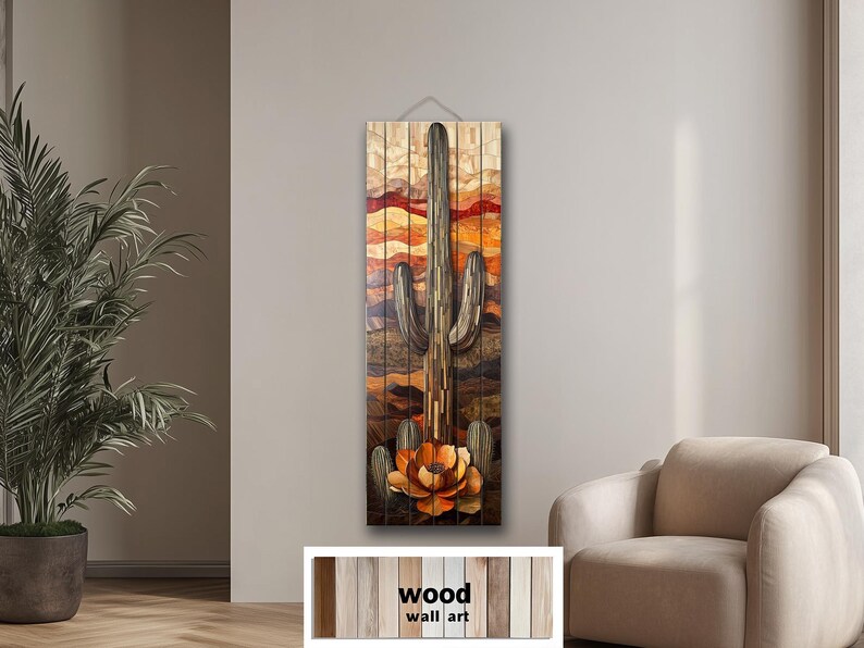 Saguaro Cactus Distressed Wood Wall Art Tall Vertical Desert Painting ...