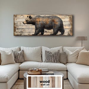 Decorazione murale in legno anticato "Walking Bear" - Cartello rustico orizzontale lungo - Decorazione murale con animali selvatici della cabina stampata su assi di legno