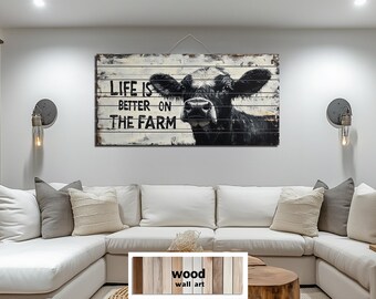 Life Is Better On The Farm Sign Distressed Wood Wall Art, Rustic Farmhouse Decor, Cow Painting Print on Wood Planks for Country Living Room