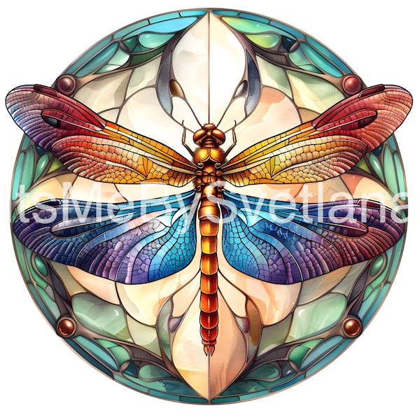 5 Dragonfly Stained Glass Style Clipart, PNGs, Digital Crafting, Transparent Background, Instant Download, Commercial Use, #358