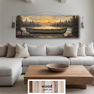 Green Canoe Distressed Wood Wall Art – Rustic Lake Scene Wall Decor – Cabin Nature Print – Lodge Style Canoe Artwork