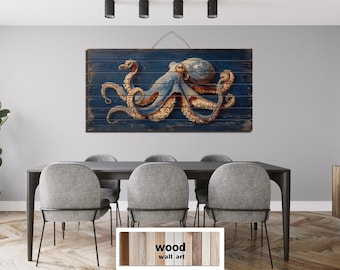 Octopus Distressed Wood Wall Art - Nautical Coastal Octopus Painting Print On Wood Planks, Rustic Ocean Wall Decor