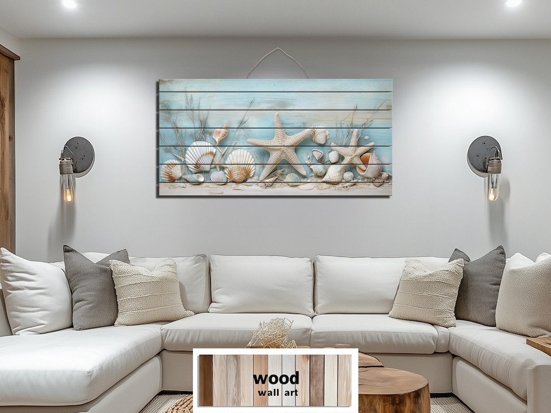 Coastal Shells and Starfish Distressed Wood Wall Art – Beach House ...