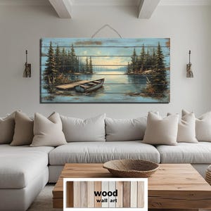 Lake Canoe And Dock Distressed Wood Wall Art - Rustic Lakehouse Painting Print On Wood Planks, Cabin Bedroom Decor
