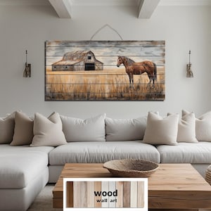Horse And Barn In Field Distressed Wood Wall Art, Rustic Western Farmhouse Painting, Country Horse Wall Decor