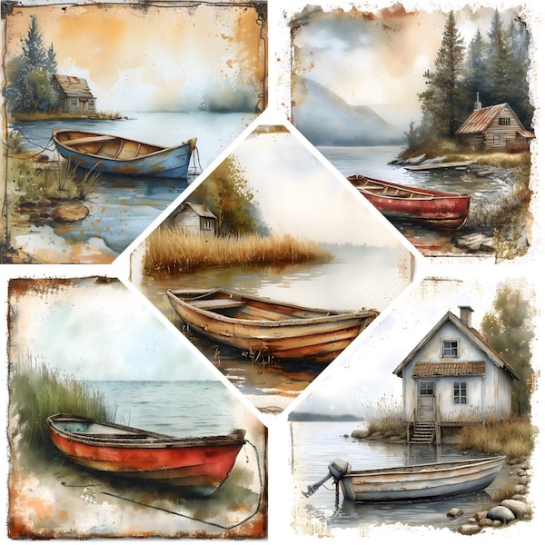 Lake House Wooden Boat JPG Watercolor Clipart, Vintage Lake Landscape Instant Download, Book Scrapping, Commercial Use, Digital Download