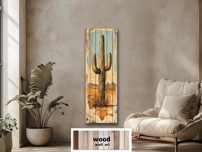 Tall Vertical Saguaro Cactus Wood Wall Art – Southwestern Desert Scene ...
