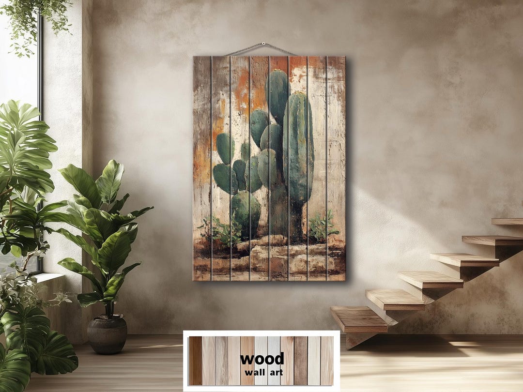 Vertical Cactus Distressed Wood Wall Art – Rustic Southwestern Desert ...