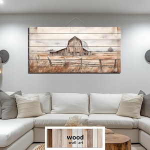 Rustic Old Barn Distressed Wood Wall Art Print Farmhouse Country Decor, Vintage Neutral Barn Painting on Wood Planks for Above Couch Decor
