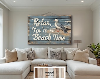 Coastal Distressed Wood Wall Art – Relax You’re On Beach Time Seagull Print On Rustic Wood Planks, Nautical Quote Wood Sign Decor