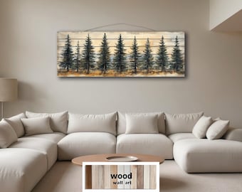 Pine Tree Forest Distressed Wood Wall Art - Long Horizontal Rustic Lodge Sign - Cabin Woodland Decor Printed On Wooden Planks