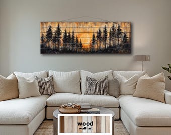 Moody Pine Forest At Sunset Distressed Wood Wall Art, Long Horizontal Woodland Tree Print On Wood Planks, Rustic Cabin Wall Decor