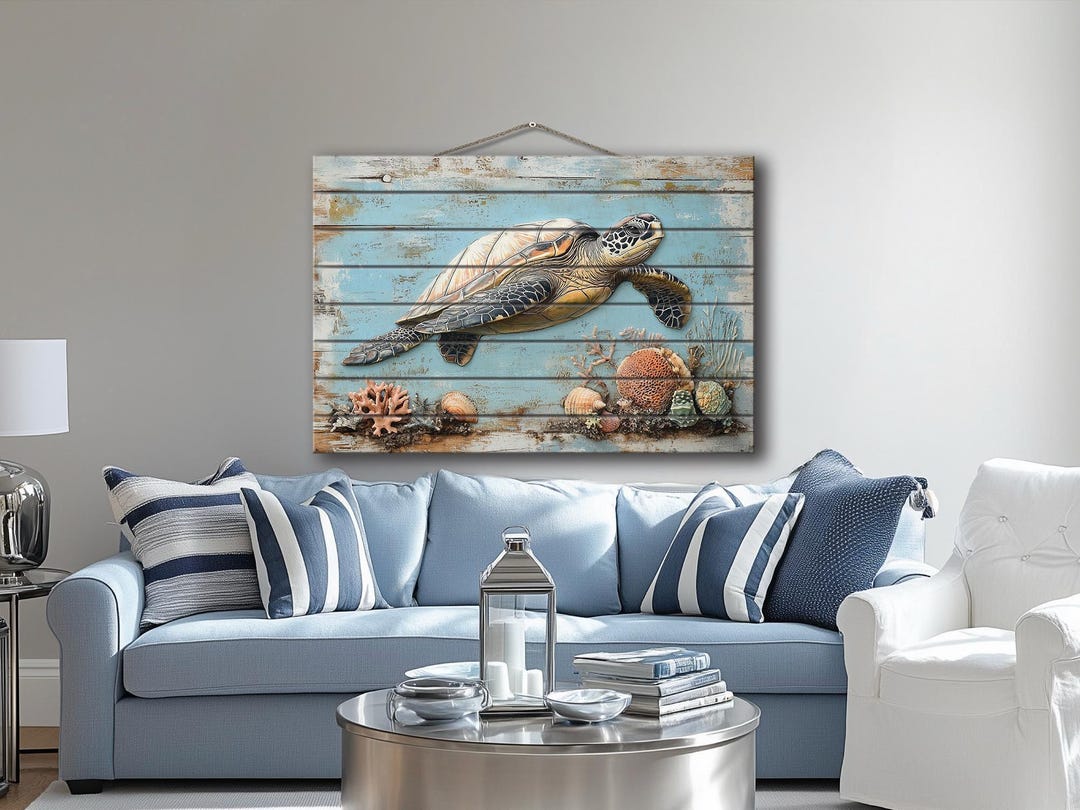 Sea Turtle Wall Art on Real Wood – Coastal Ocean With Coral Reef Wood ...