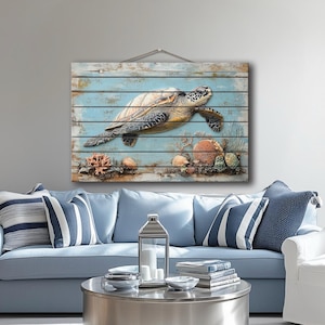 Sea Turtle Wall Art On Real Wood – Coastal Ocean With Coral Reef Wood Canvas Wall Decor – Nautical Beach House Wood Print