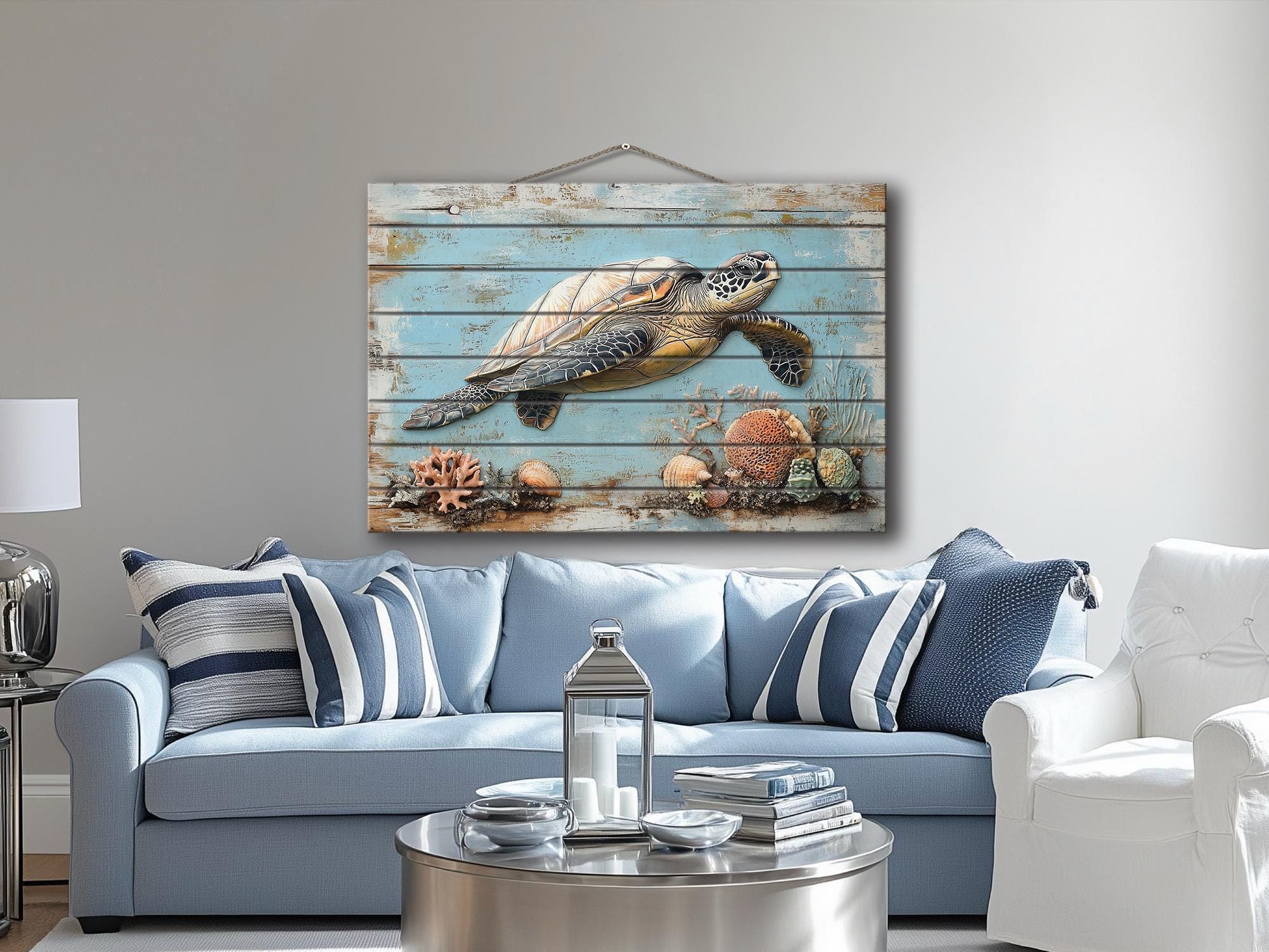 Sea Turtle Wall Art on Real Wood – Coastal Ocean With Coral Reef Wood ...