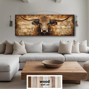 Texas Longhorn Distressed Wood Wall Art – Long Horizontal Neutral Brown Farmhouse Decor – Rustic Animal Print On Wooden Planks