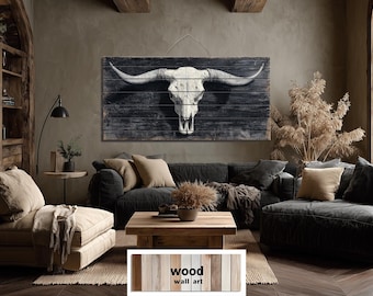 Longhorn Skull Distressed Wood Wall Art, Western Man Cave Wall Decor, Farmhouse Rustic Black White Bull Skull Print on Real Wood