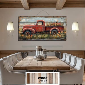 Caminhão de fazenda vermelho com flores em madeira envelhecida, pintura de caminhão vintage, decoração rústica de celeiro com flores, arte de parede de fazenda