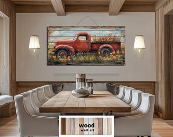 Red Farm Truck With Flowers Distressed Wood Wall Art, Vintage Country Truck Painting, Rustic Floral Farmhouse Barn Decor, Farmhouse Wall Art