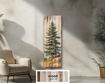 Tall Narrow Pine Tree Distressed Wood Wall Art, Vertical Forest Landscape Printed on Wood Planks for Neutral Rustic Cabin Decor