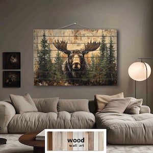 Rustic Moose In Pine Trees Distressed Wood Wall Art Printed On Real Wood, Cabin Decor,  Cozy Lodge Wildlife Wall Art