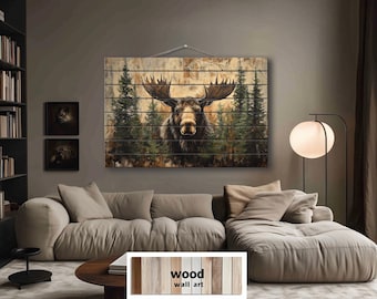 Rustic Moose In Pine Trees Distressed Wood Wall Art Printed On Real Wood, Cabin Decor,  Cozy Lodge Wildlife Wall Art