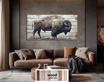 American Buffalo Distressed Wood Wall Art, Rustic Man Cave Wall Decor, Western Bison Artwork, Vintage Lodge Animal Canvas