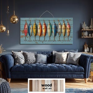 Colorful Vintage Fishing Lures Distressed Wood Wall Art – Nautical Fishing Cabin Decor for Lake House or Man Cave