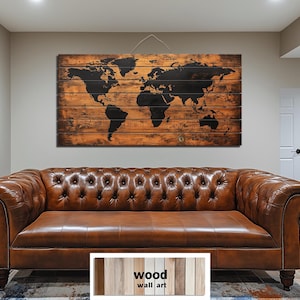 Mapa del mundo de madera para pared, arte para hombre, "Wander Frequently", mapa rústico moderno y desgastado para oficina o decoración de cueva masculina, impresión de pintura con tablones de madera auténtica.
