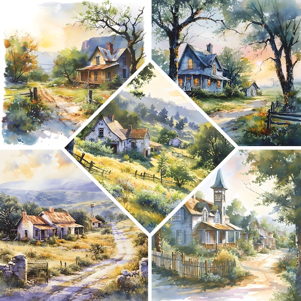 Texas Village Watercolor Clipart, Village Scene,  Hill Country, Book Scrapping,High QualityJPG's, Commercial Use,Digital Download #307